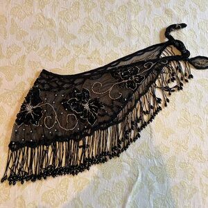 Vintage Black Beaded Fringe Sarong